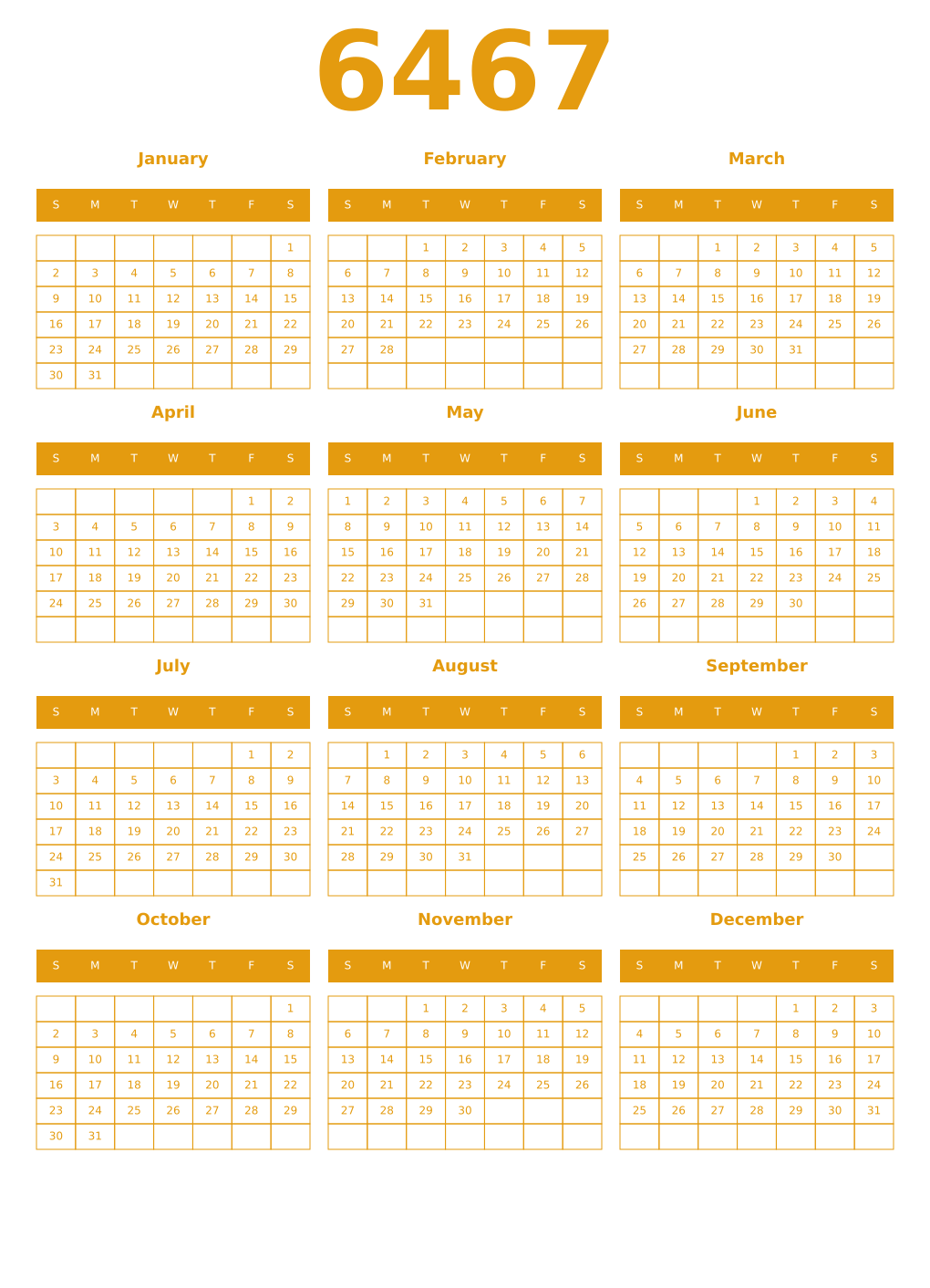 Printable 6467 Year Calendars gamboge