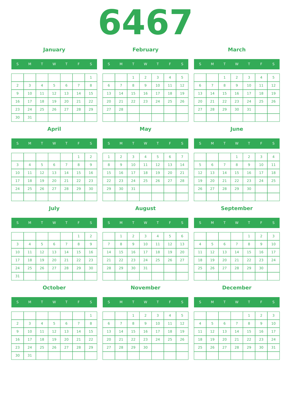 Printable 6467 Year Calendars green