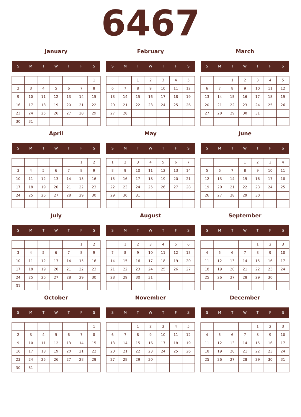 Printable 6467 Year Calendars mortuum