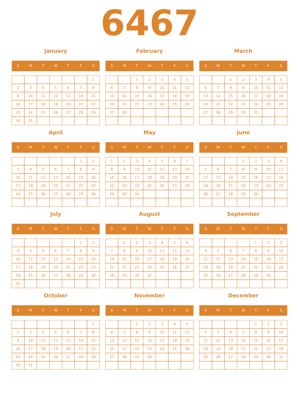 Printable 6467 Year Calendars orange