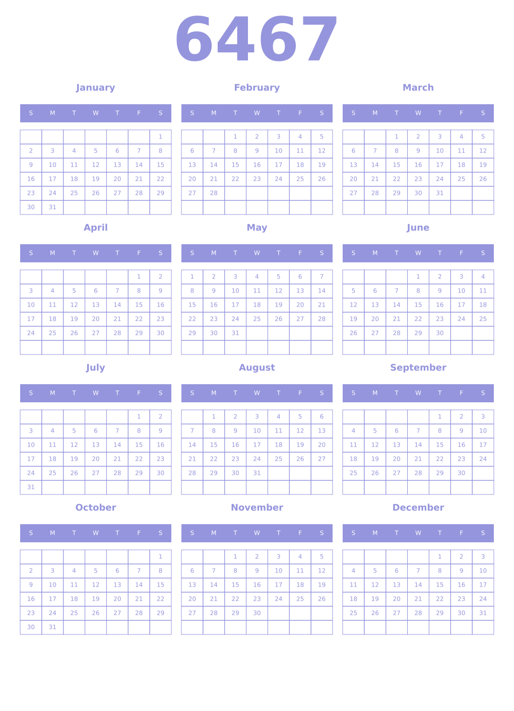 Printable 6467 Year Calendars periwinkle