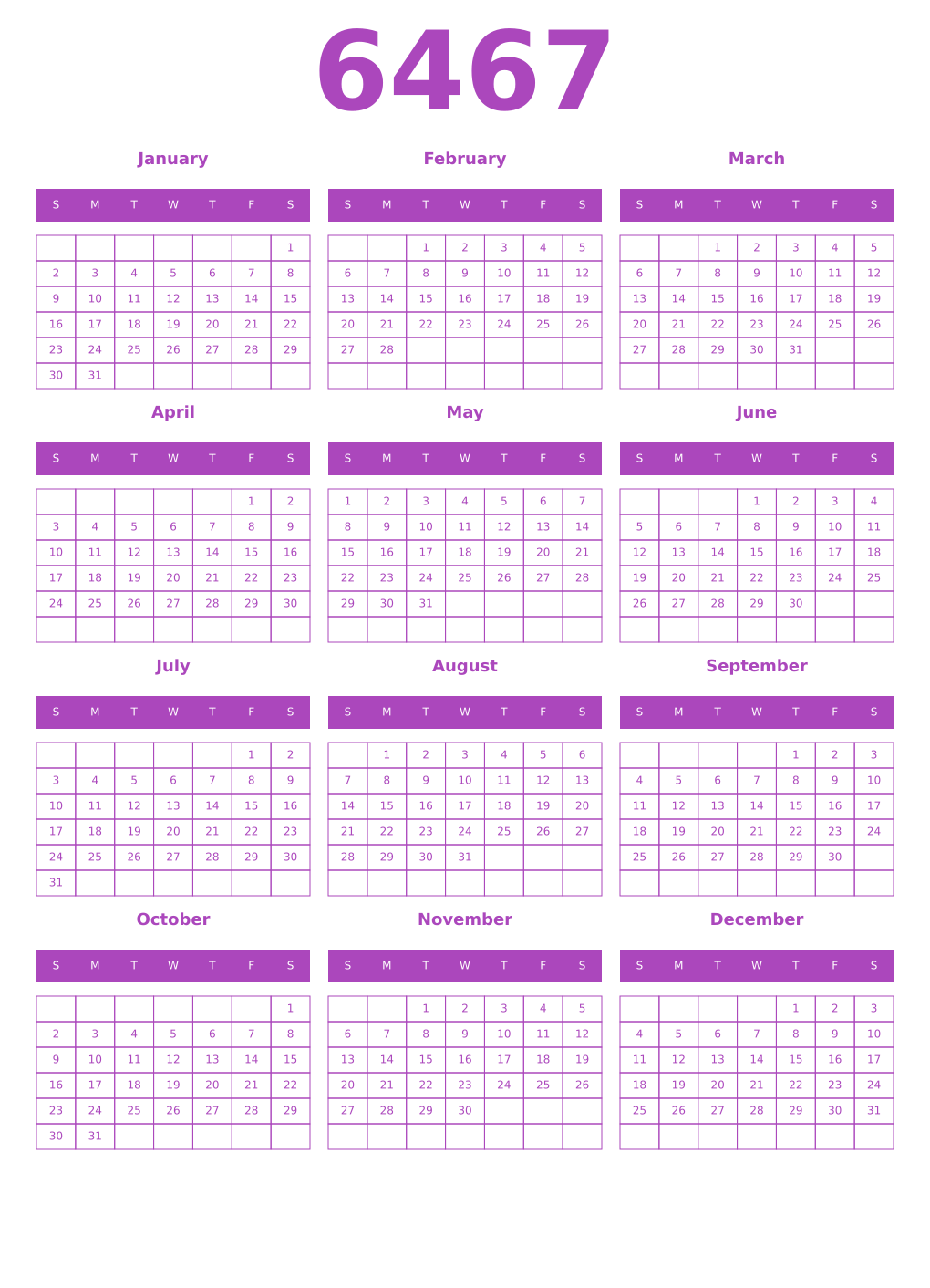 Printable 6467 Year Calendars purple