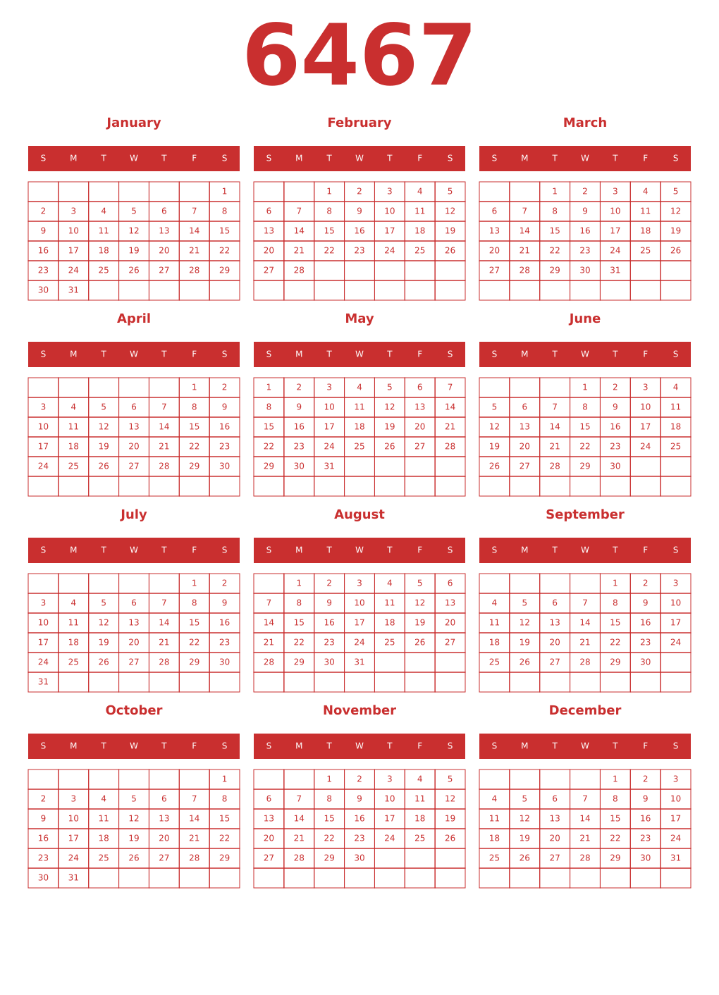 Printable 6467 Year Calendars red