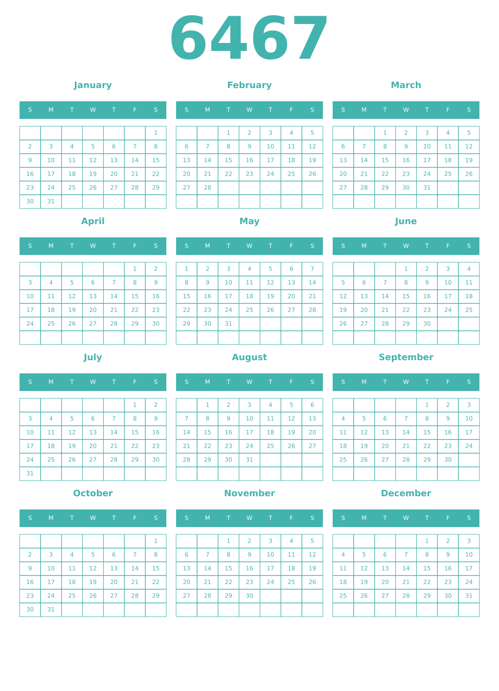 Printable 6467 Year Calendars verdigris