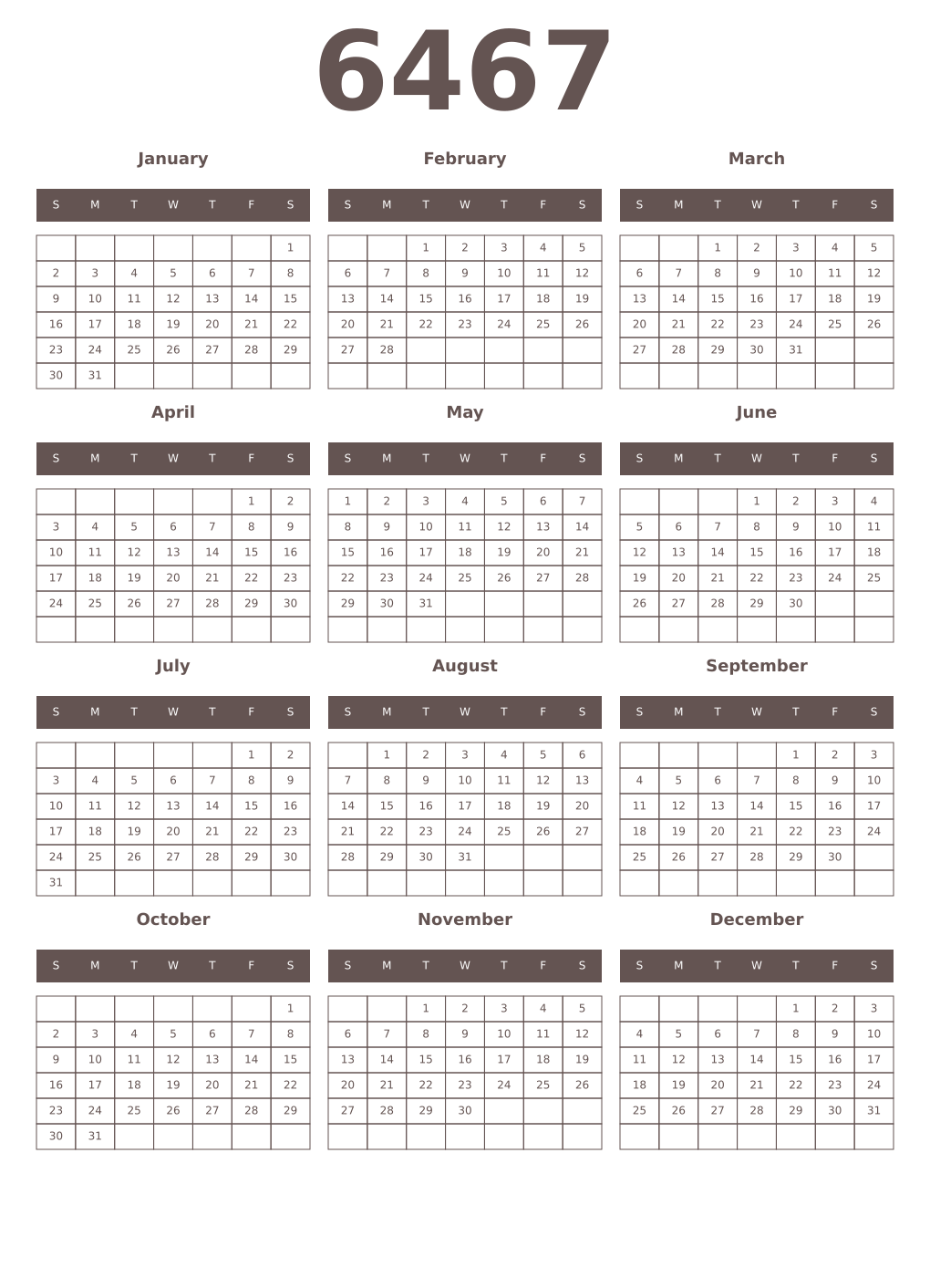 Printable 6467 Year Calendars wenge