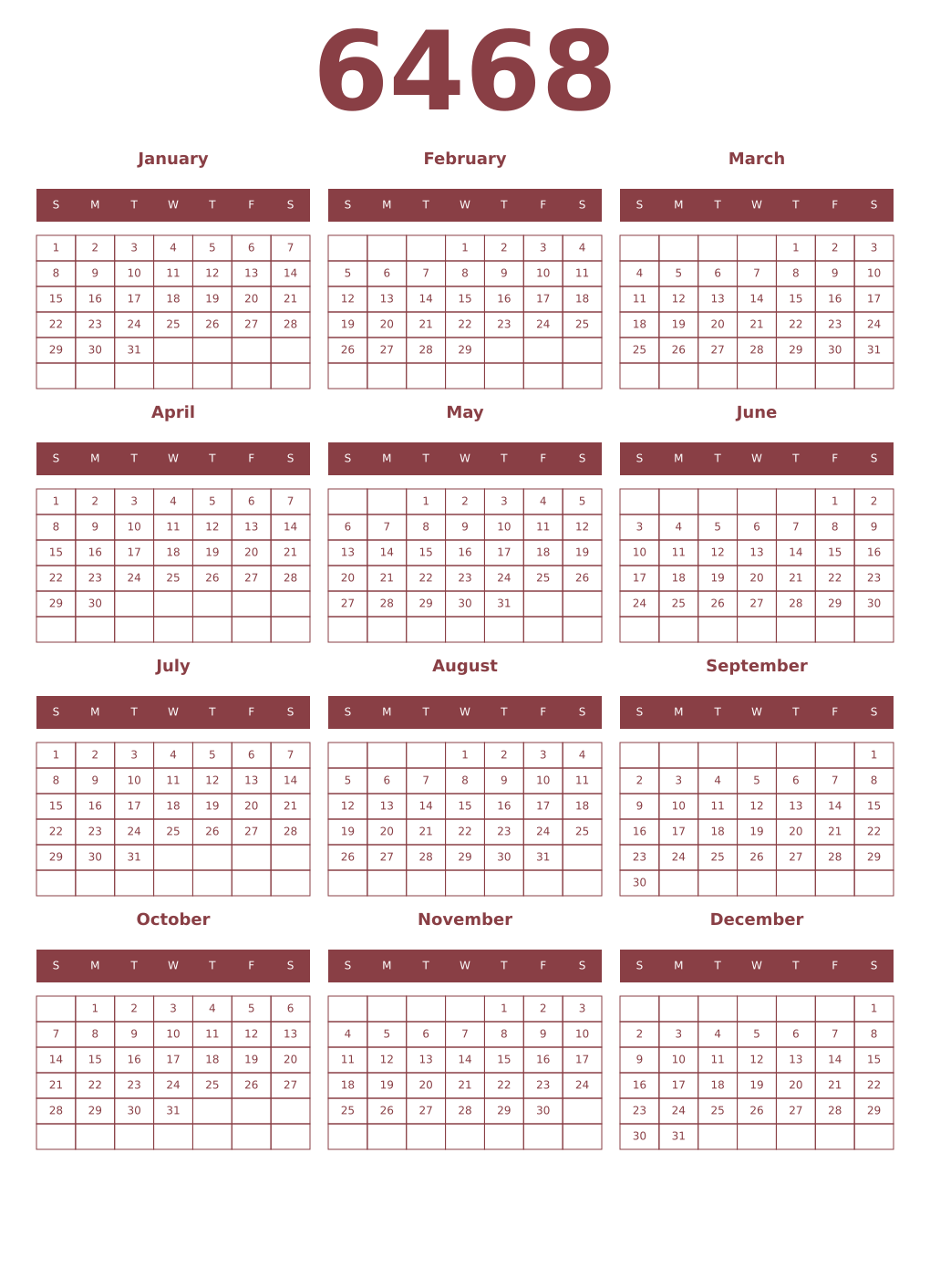 Printable 6468 Year Calendars cordovan
