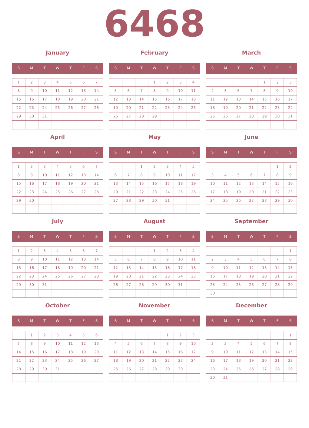 Printable 6468 Year Calendars puce