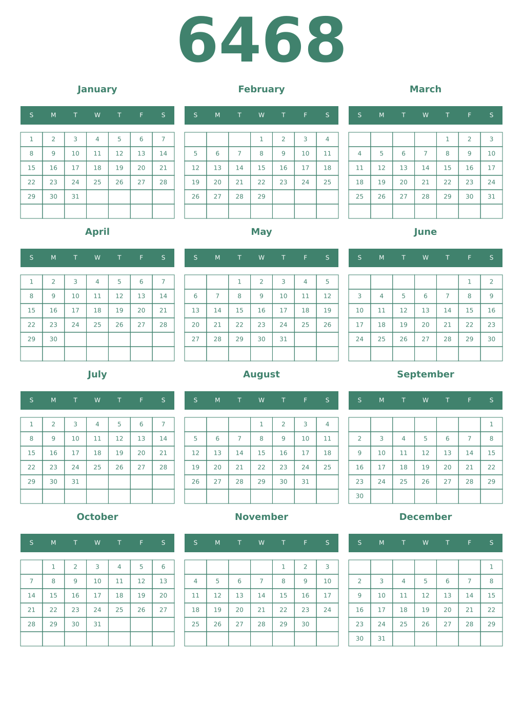 Printable 6468 Year Calendars viridian