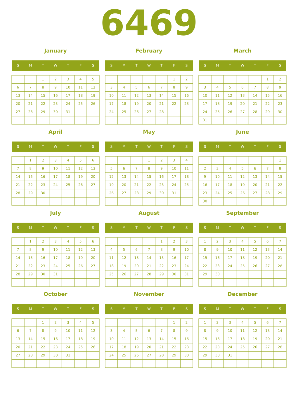 Printable 6469 Year Calendars chartreuse