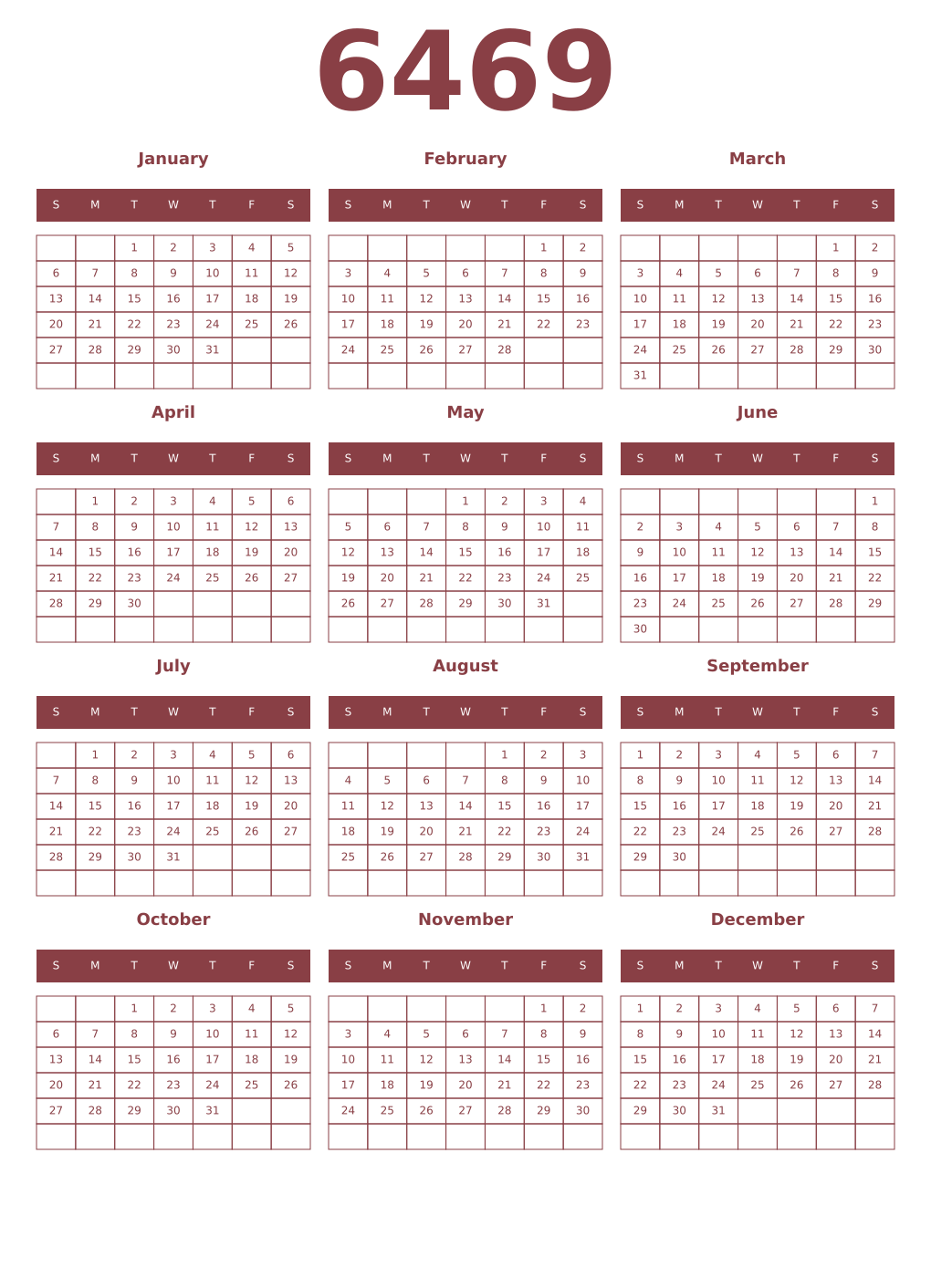 Printable 6469 Year Calendars cordovan