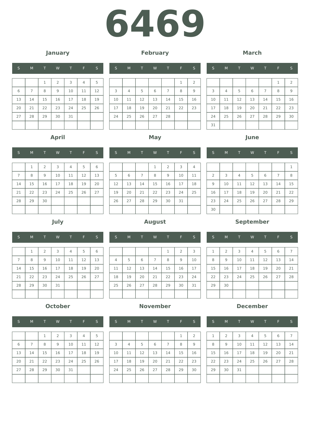 Printable 6469 Year Calendars feldgrau