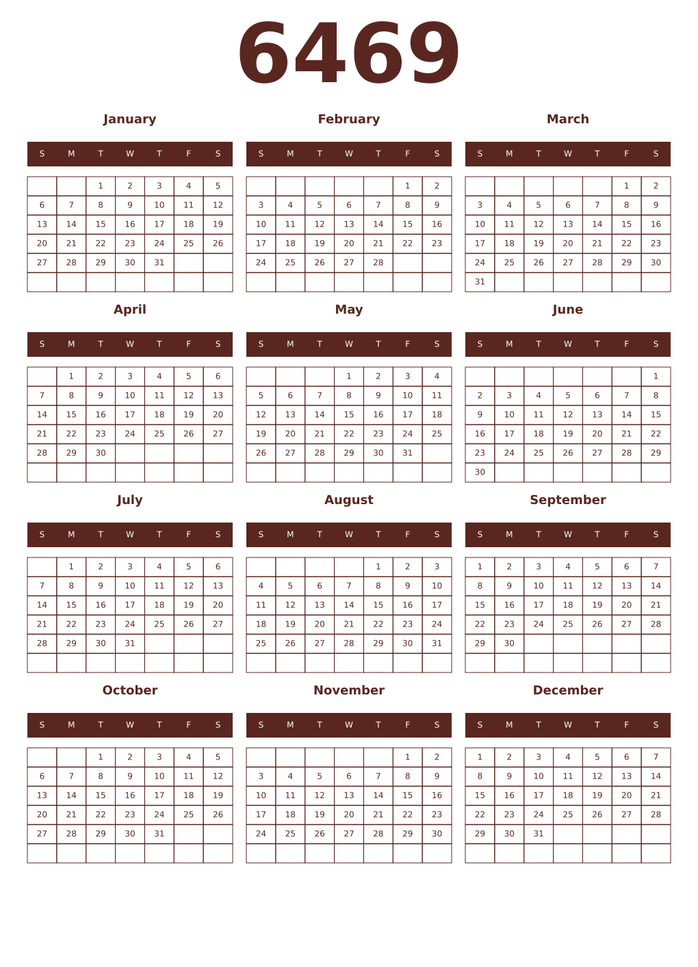 Printable 6469 Year Calendars mortuum