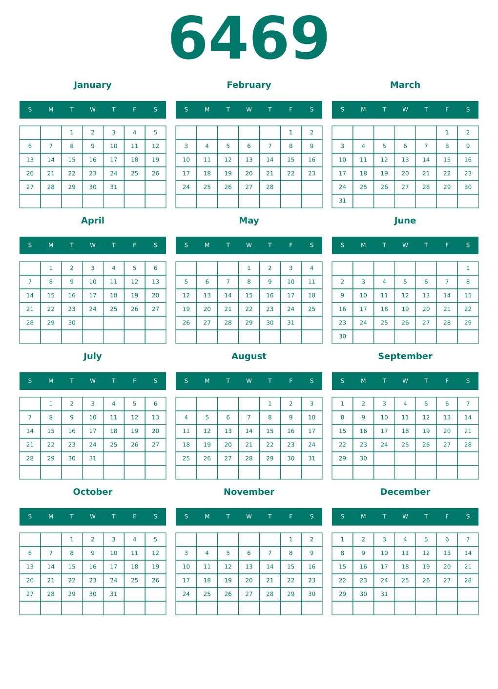 Printable 6469 Year Calendars pastel