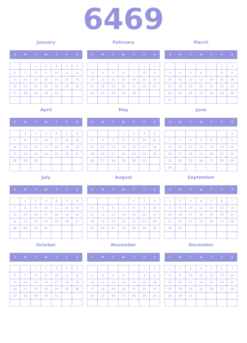 Printable 6469 Year Calendars periwinkle