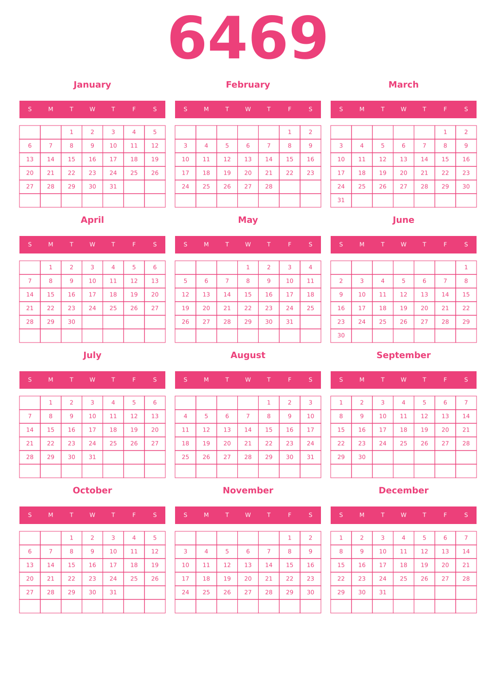 Printable 6469 Year Calendars pink