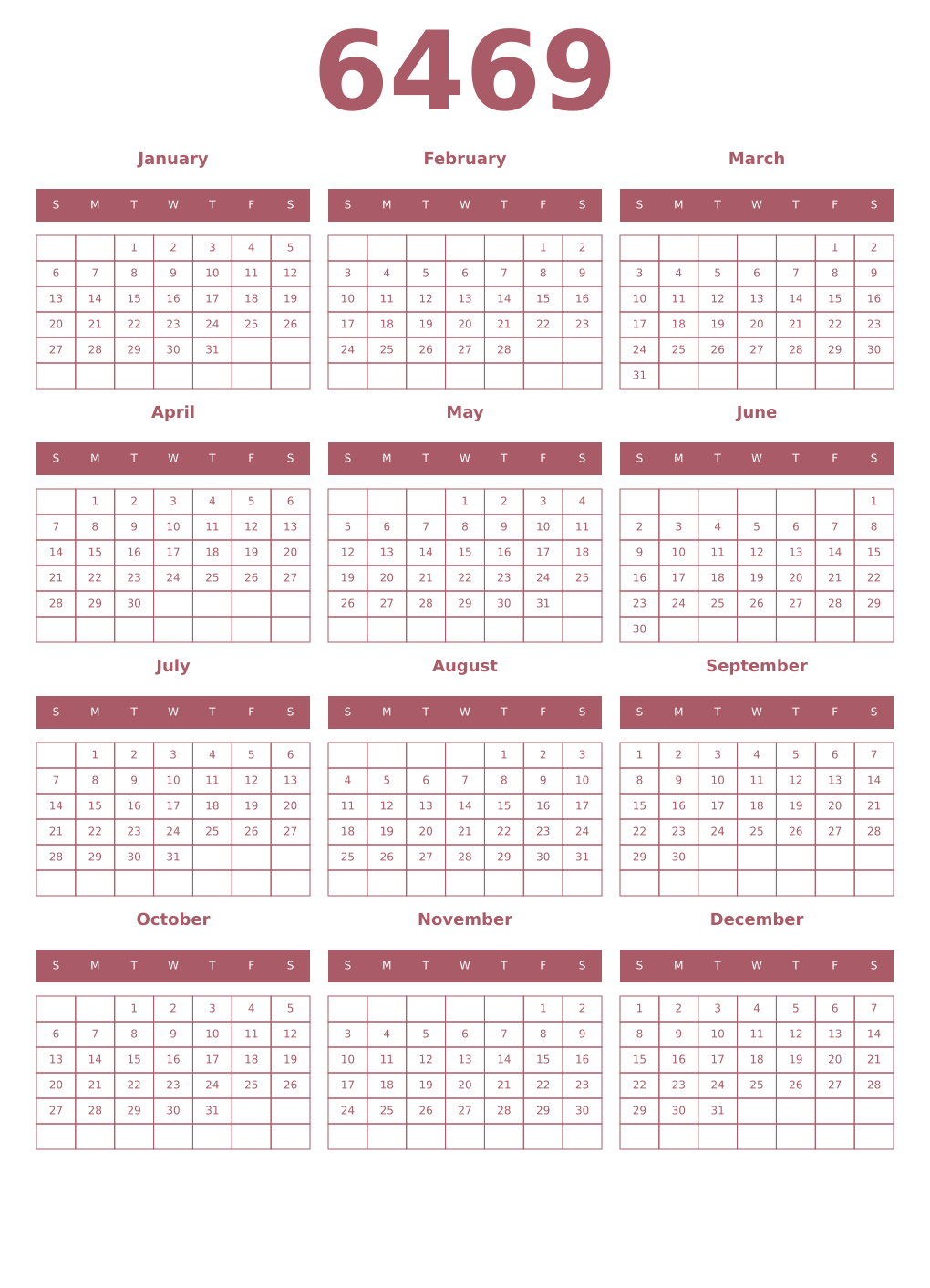 Printable 6469 Year Calendars puce
