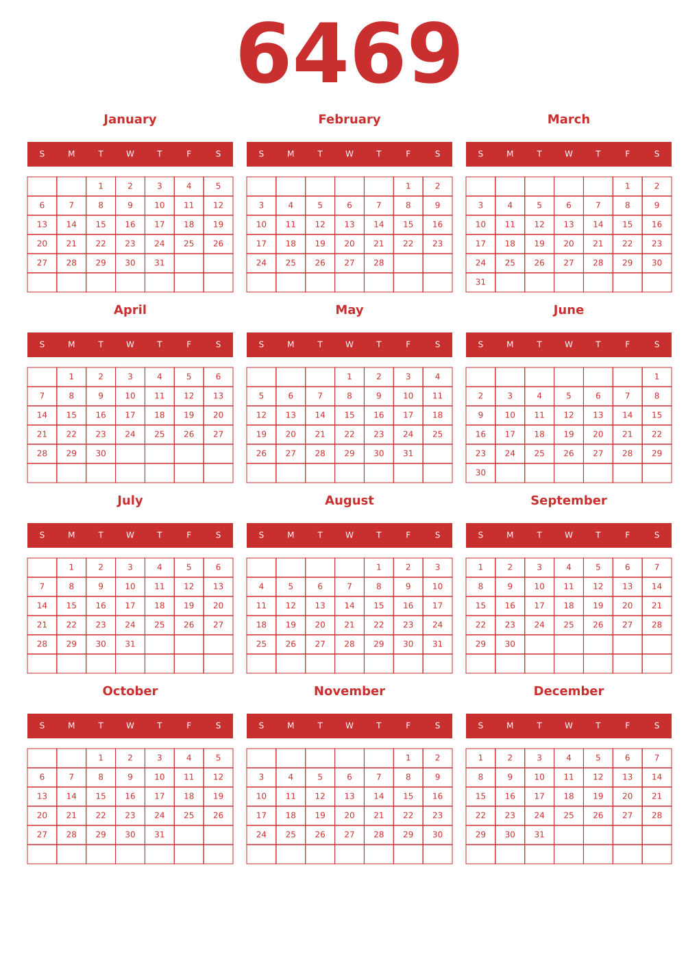 Printable 6469 Year Calendars red