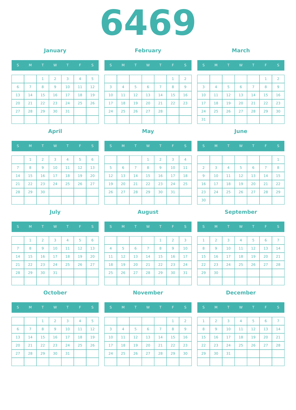 Printable 6469 Year Calendars verdigris
