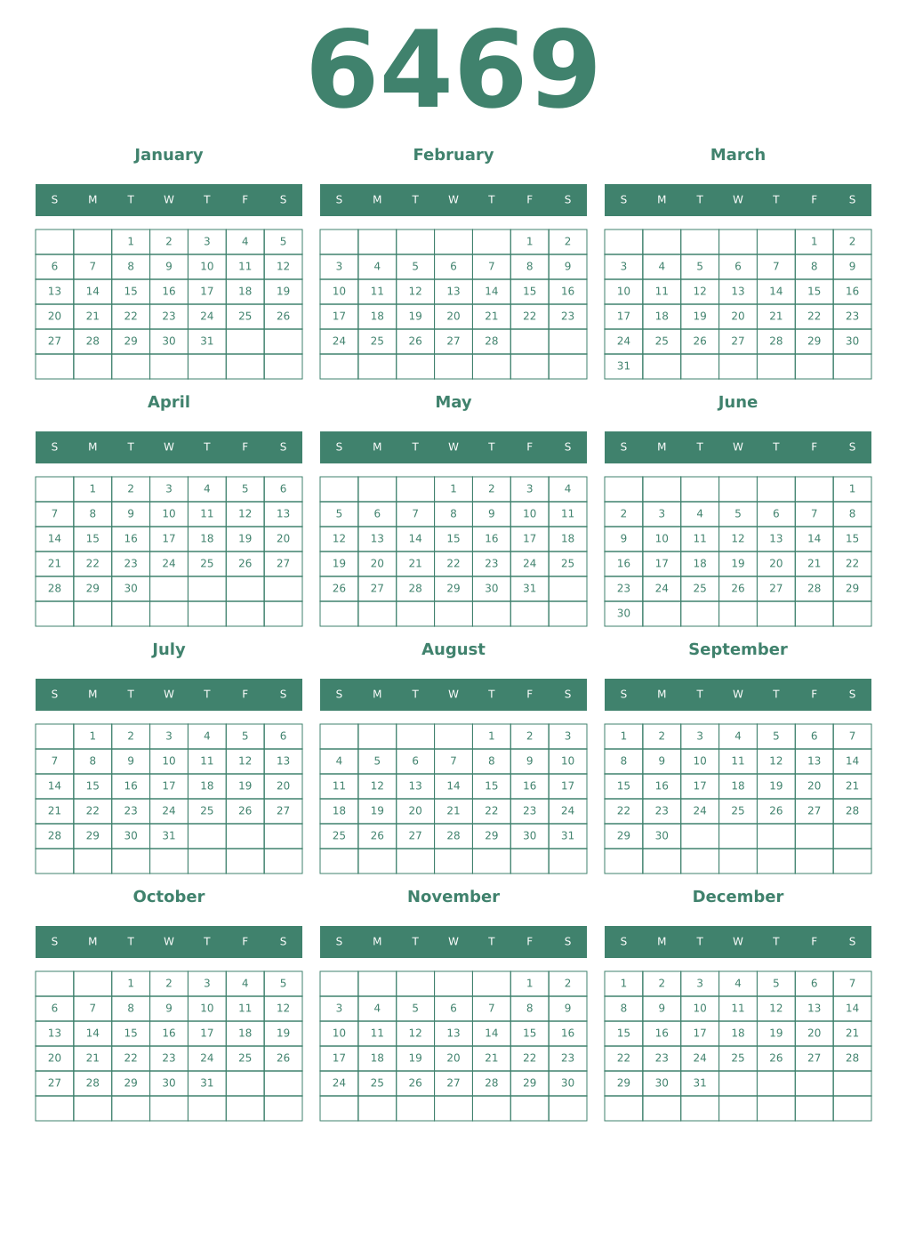Printable 6469 Year Calendars viridian