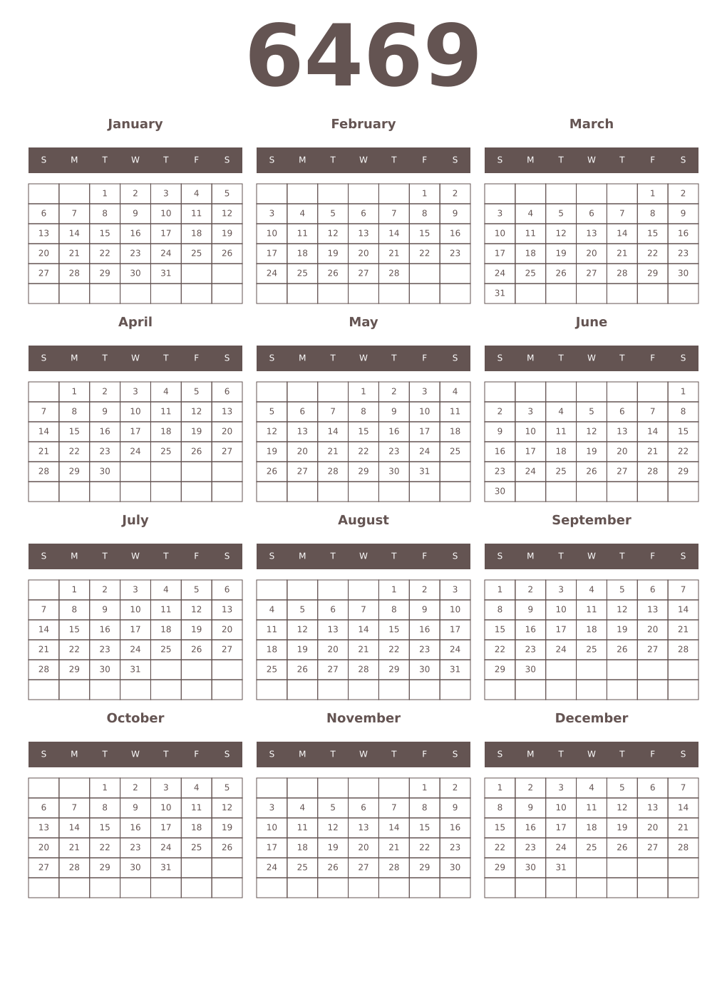 Printable 6469 Year Calendars wenge