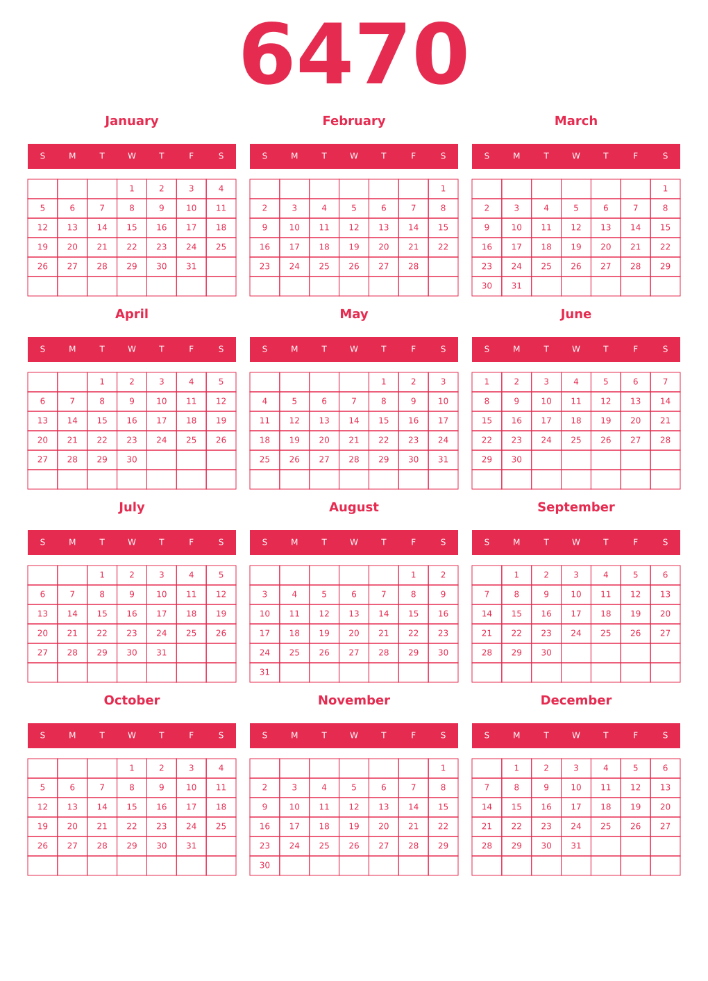 Printable 6470 Year Calendars amaranth