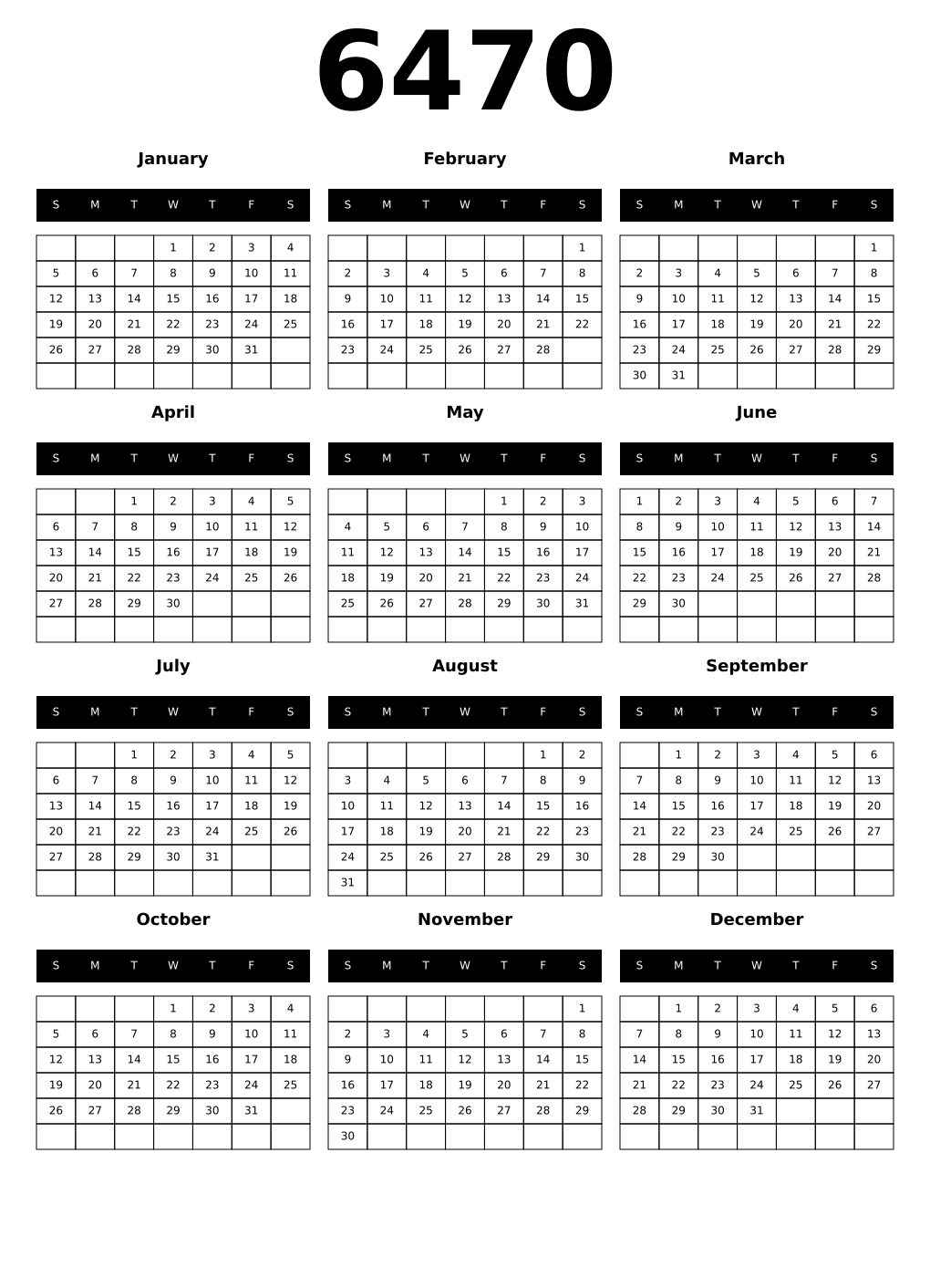Printable 6470 Year Calendars black