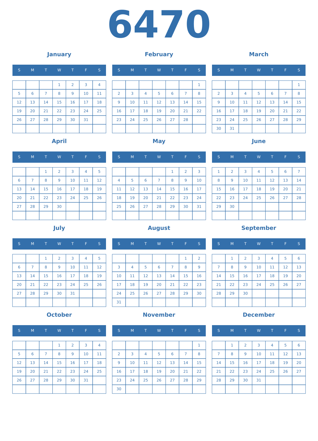 Printable 6470 Year Calendars blue