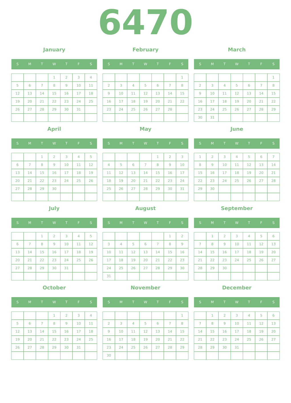 Printable 6470 Year Calendars celadon