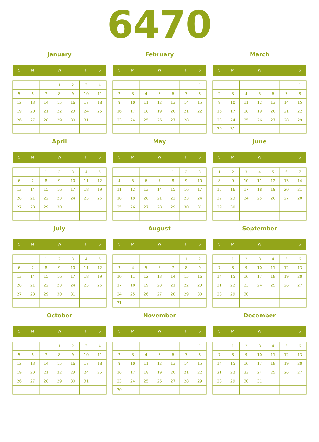 Printable 6470 Year Calendars chartreuse