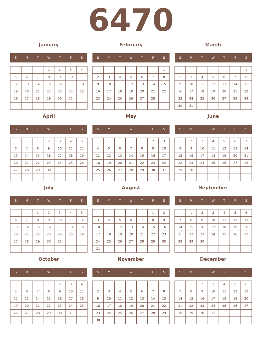 Printable 6470 Year Calendars coffe