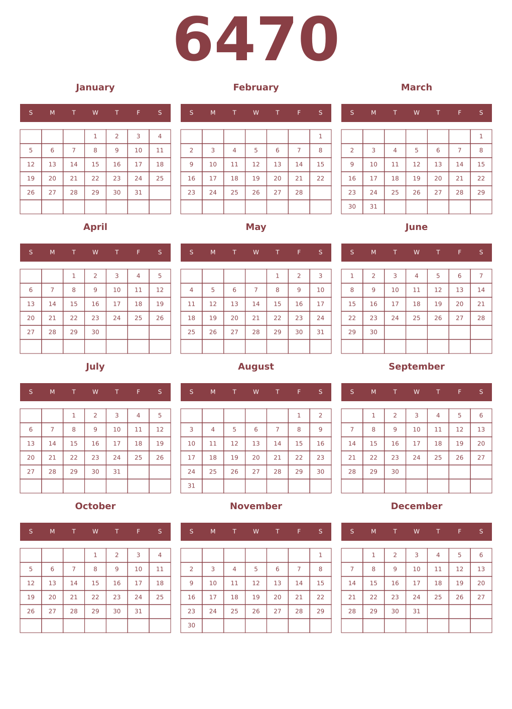Printable 6470 Year Calendars cordovan