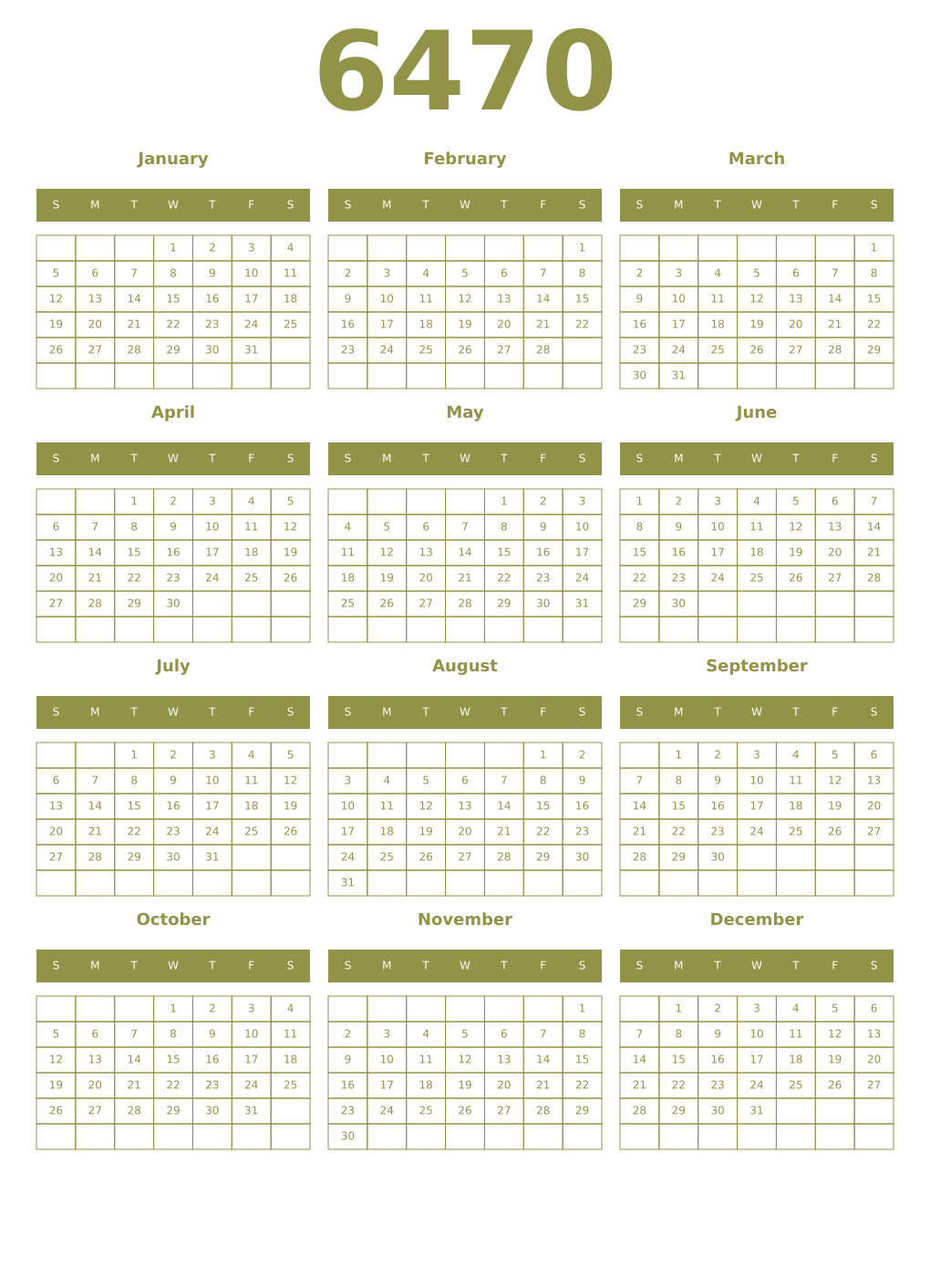 Printable 6470 Year Calendars eburnean