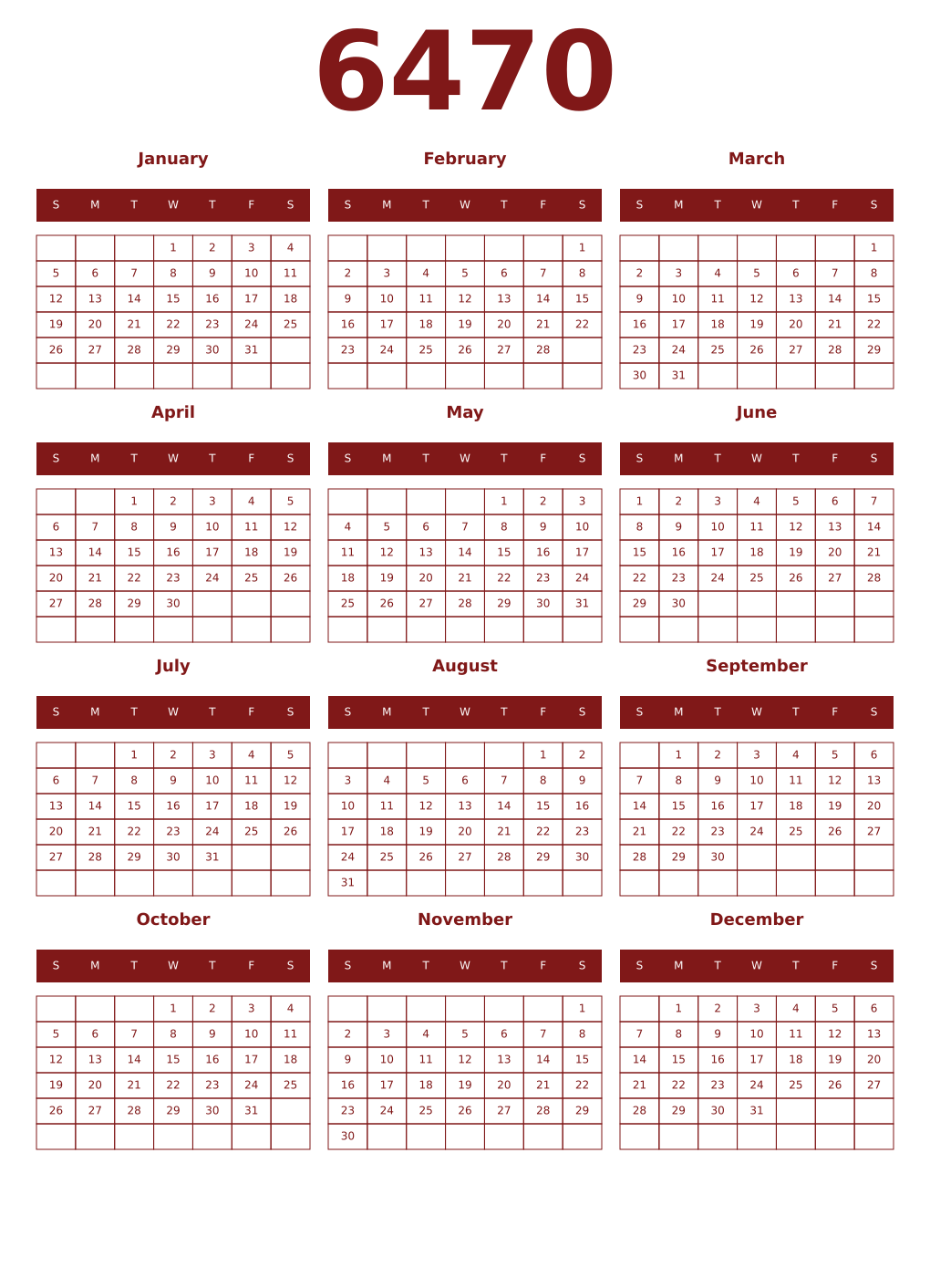 Printable 6470 Year Calendars falu