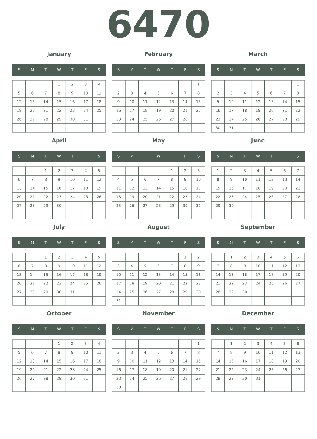 Printable 6470 Year Calendars feldgrau