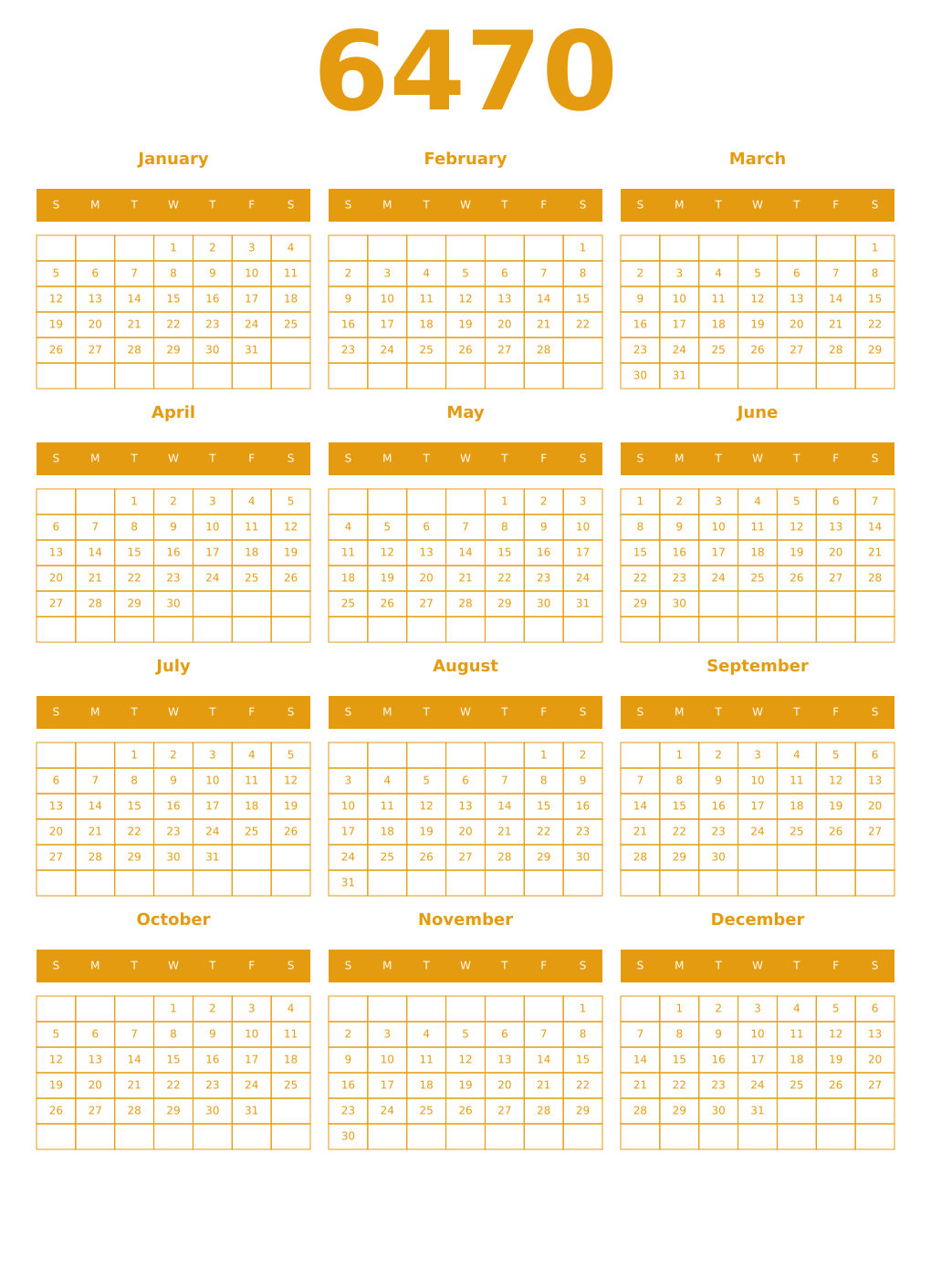 Printable 6470 Year Calendars gamboge