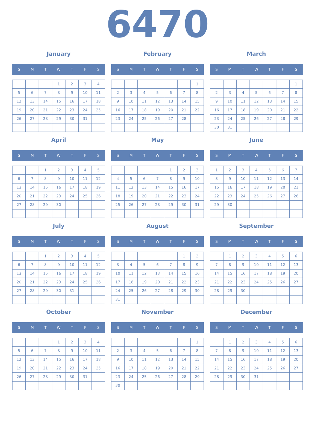 Printable 6470 Year Calendars glaucous