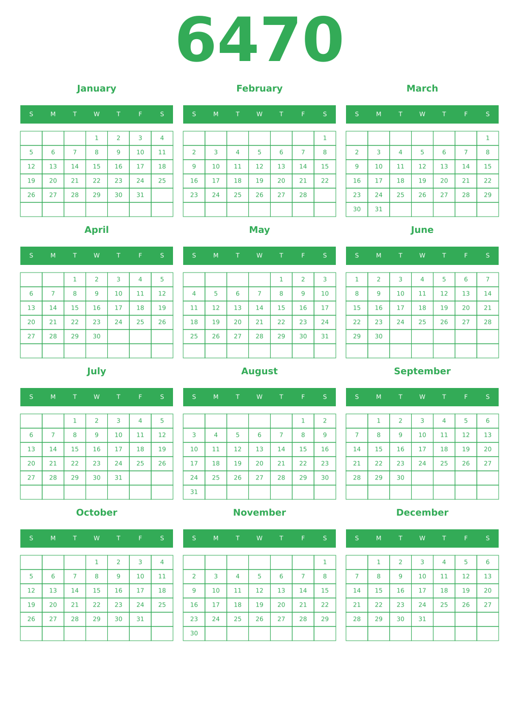 Printable 6470 Year Calendars green