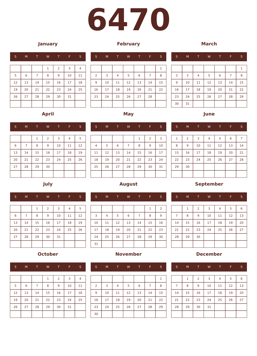 Printable 6470 Year Calendars mortuum