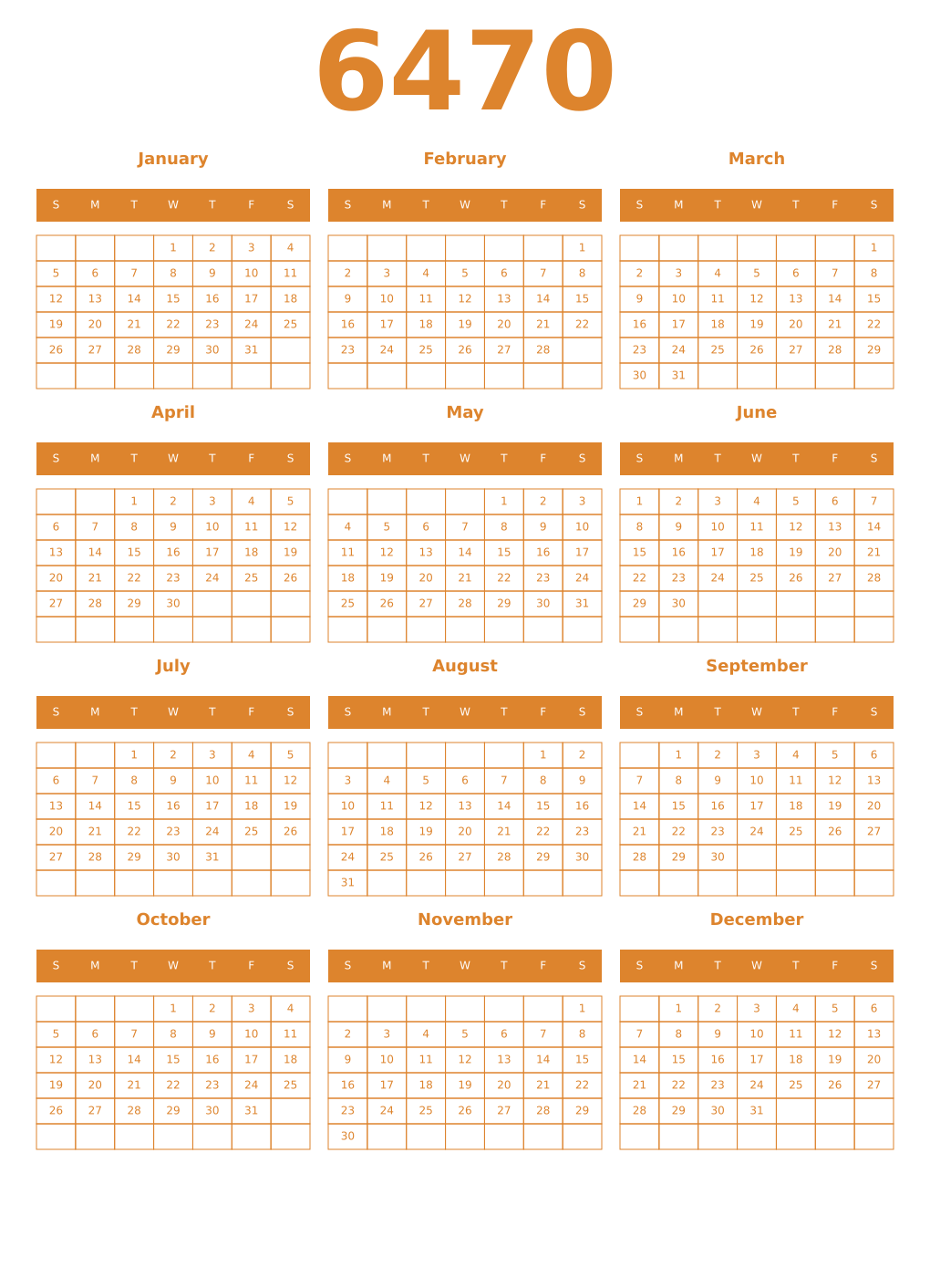 Printable 6470 Year Calendars orange