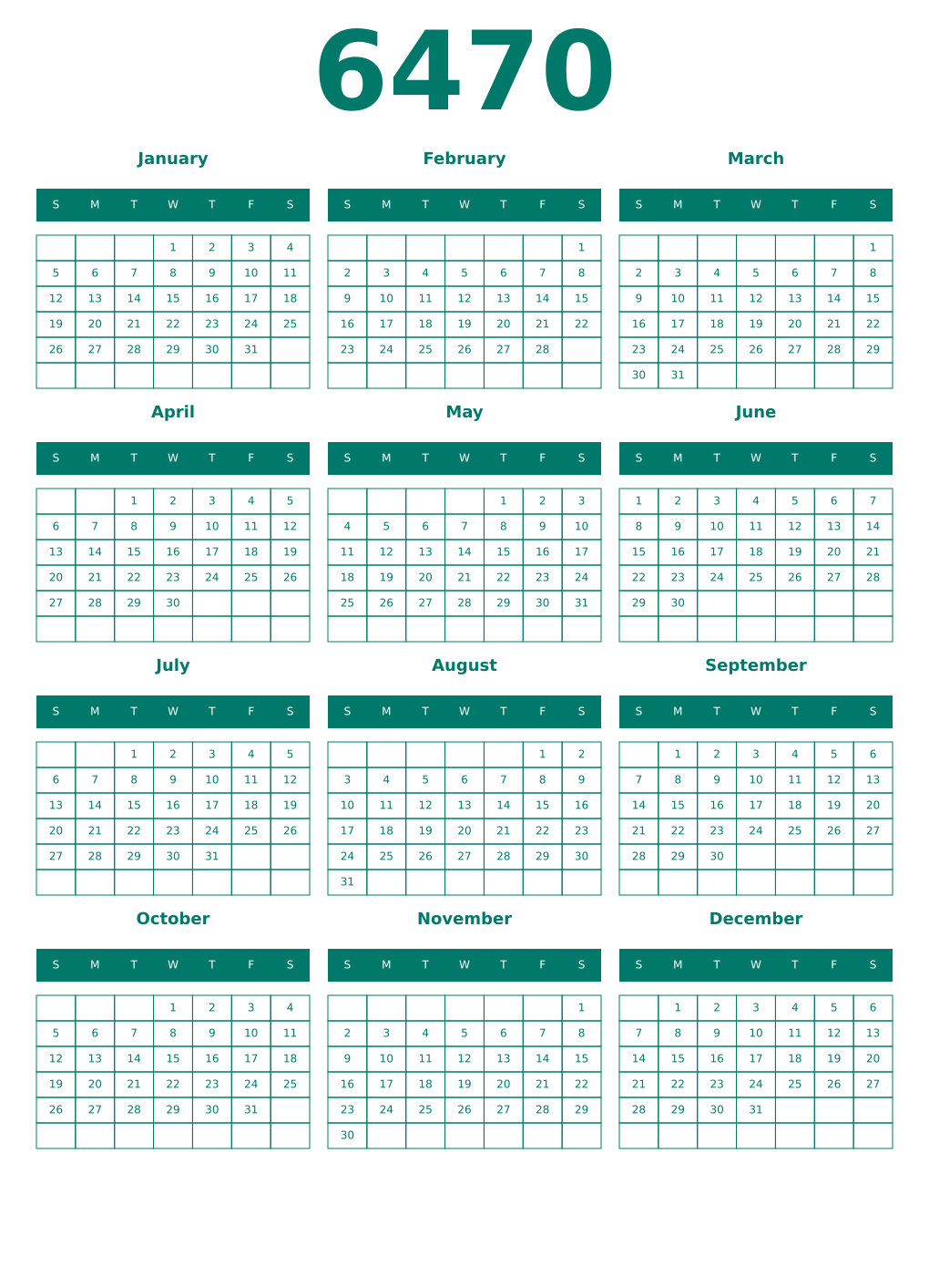 Printable 6470 Year Calendars pastel