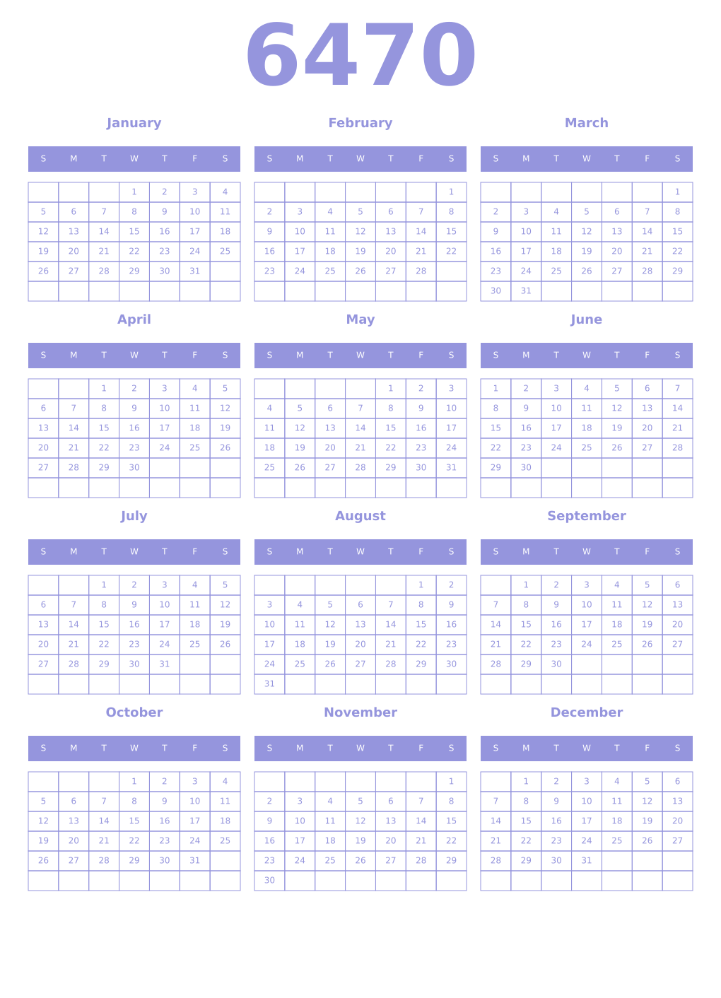 Printable 6470 Year Calendars periwinkle