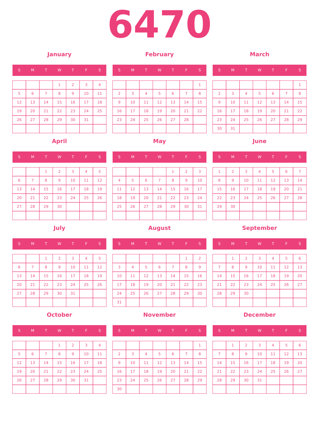Printable 6470 Year Calendars pink
