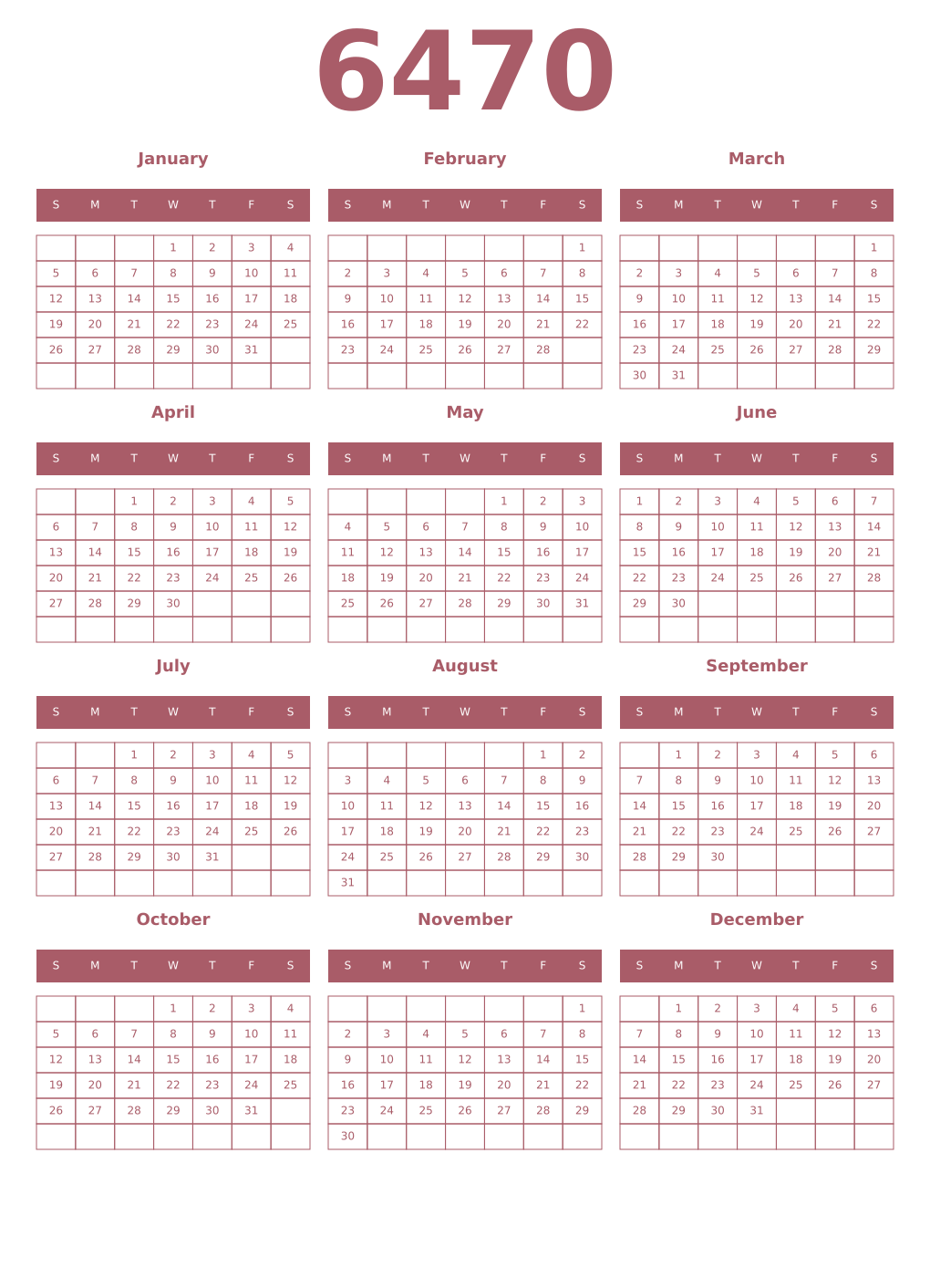 Printable 6470 Year Calendars puce
