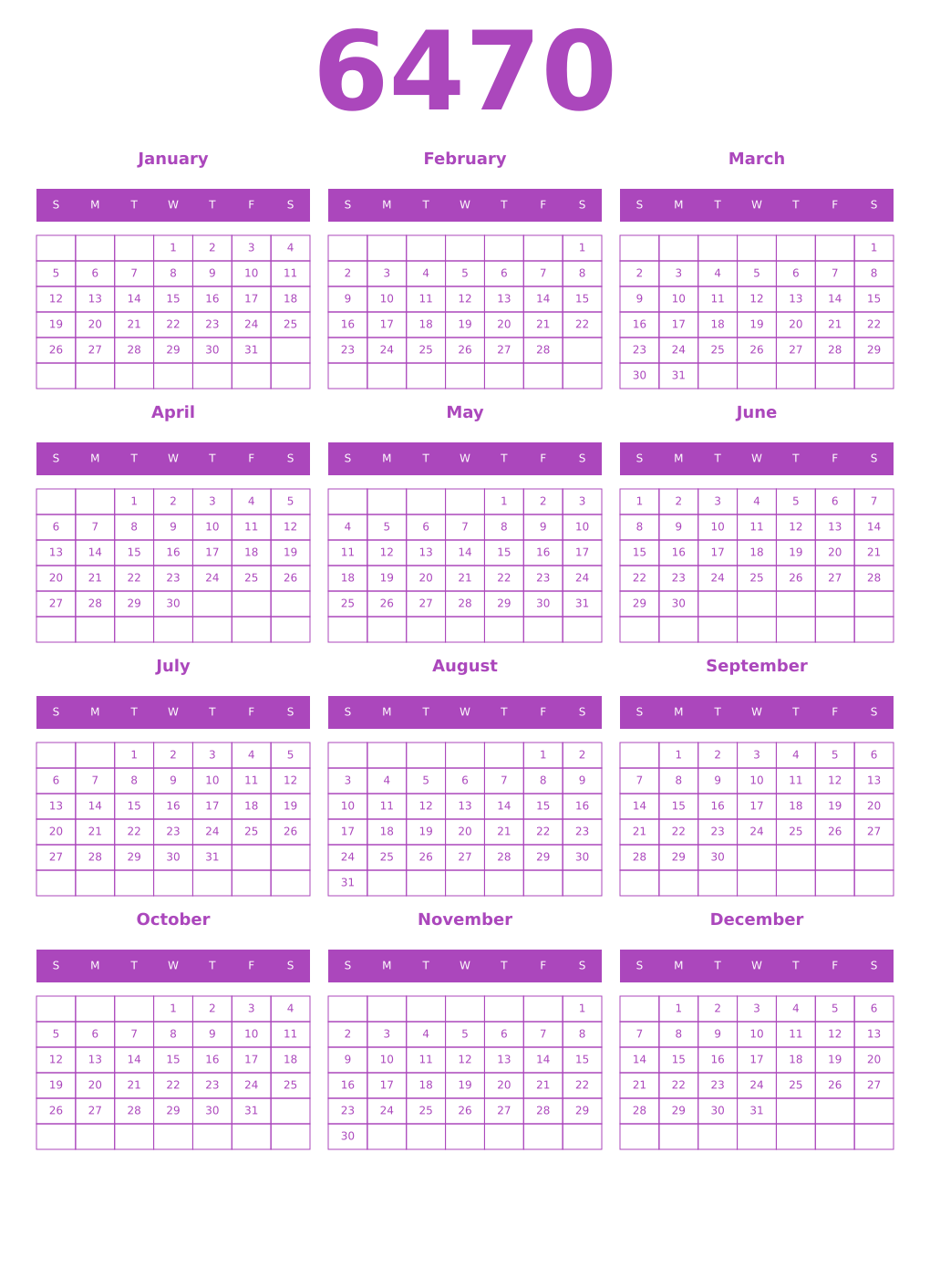 Printable 6470 Year Calendars purple