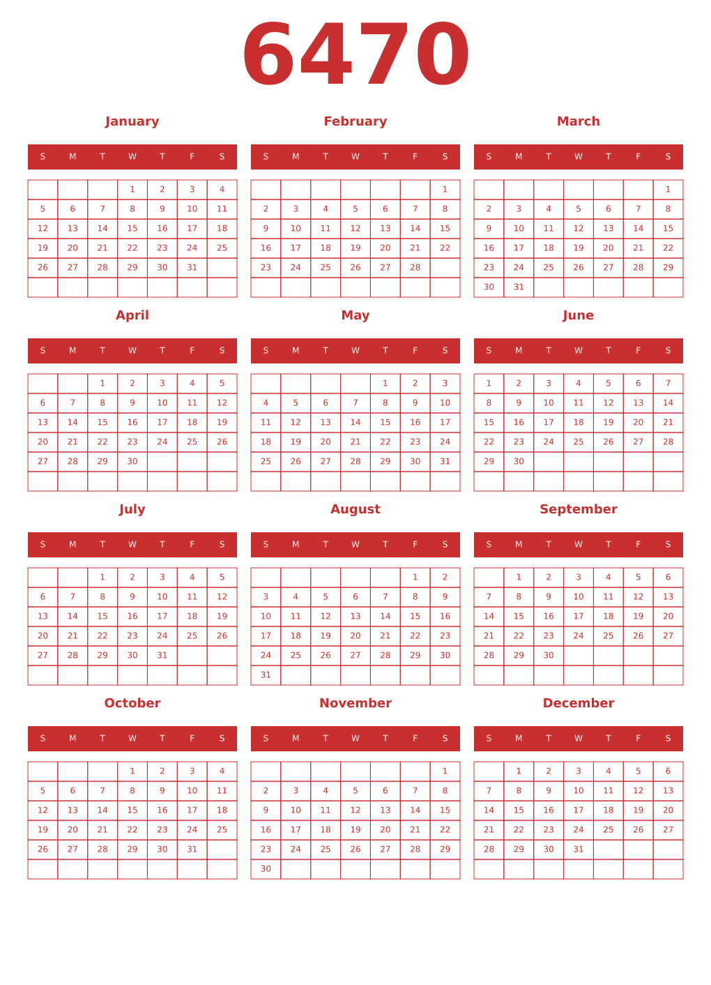 Printable 6470 Year Calendars red