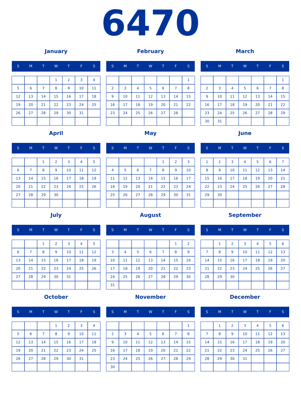 Printable 6470 Year Calendars smalt