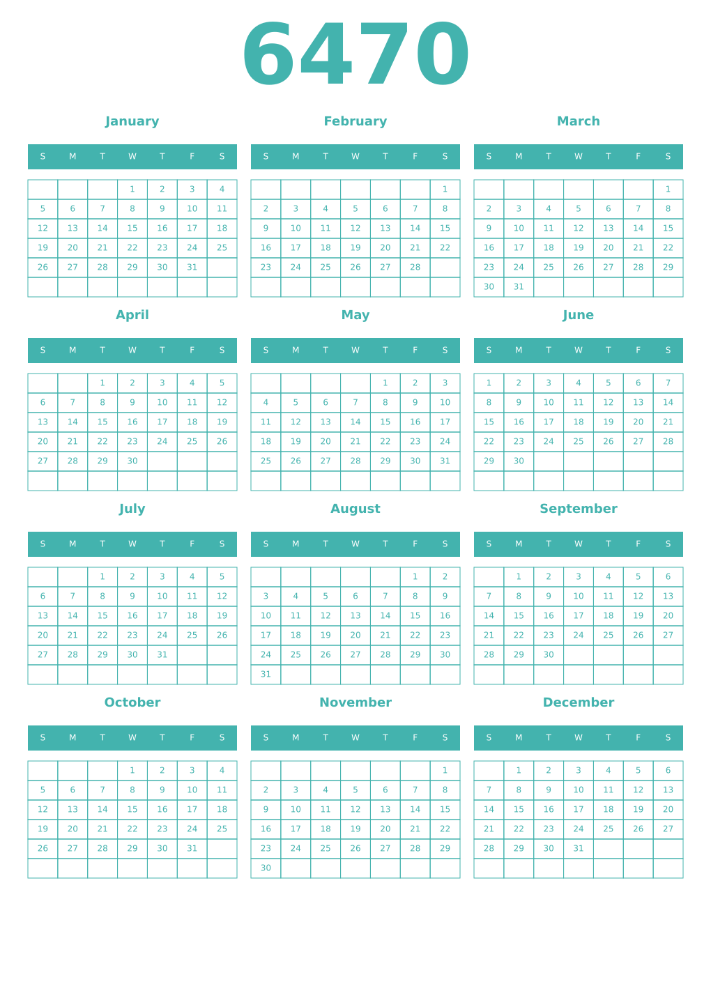 Printable 6470 Year Calendars verdigris