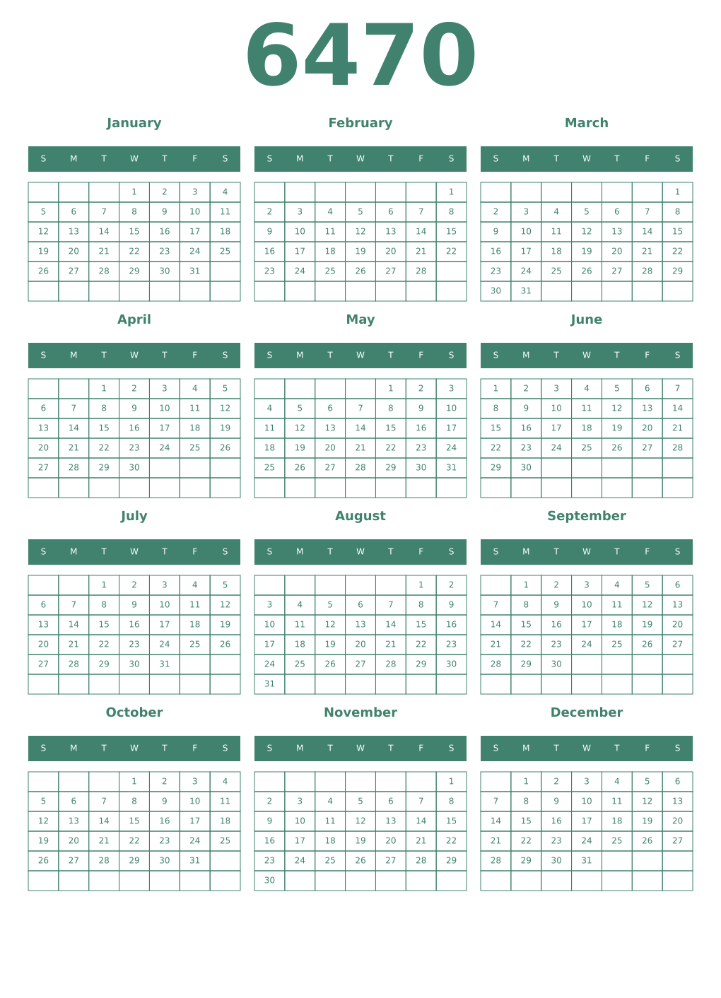 Printable 6470 Year Calendars viridian