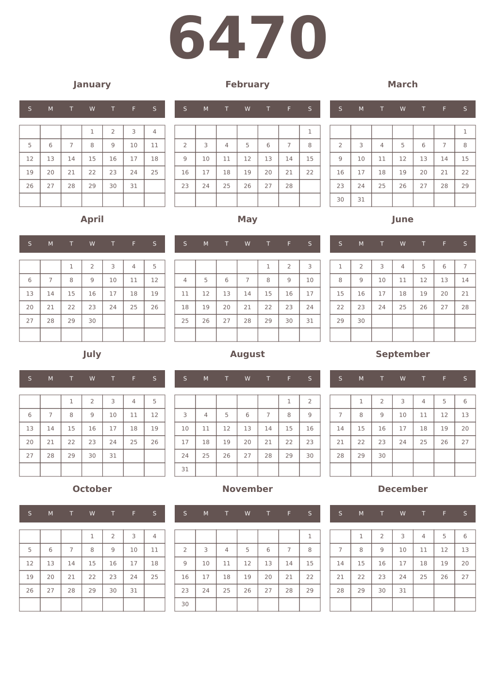 Printable 6470 Year Calendars wenge