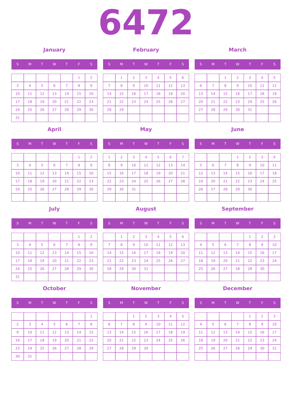 Printable 6472 Calendars